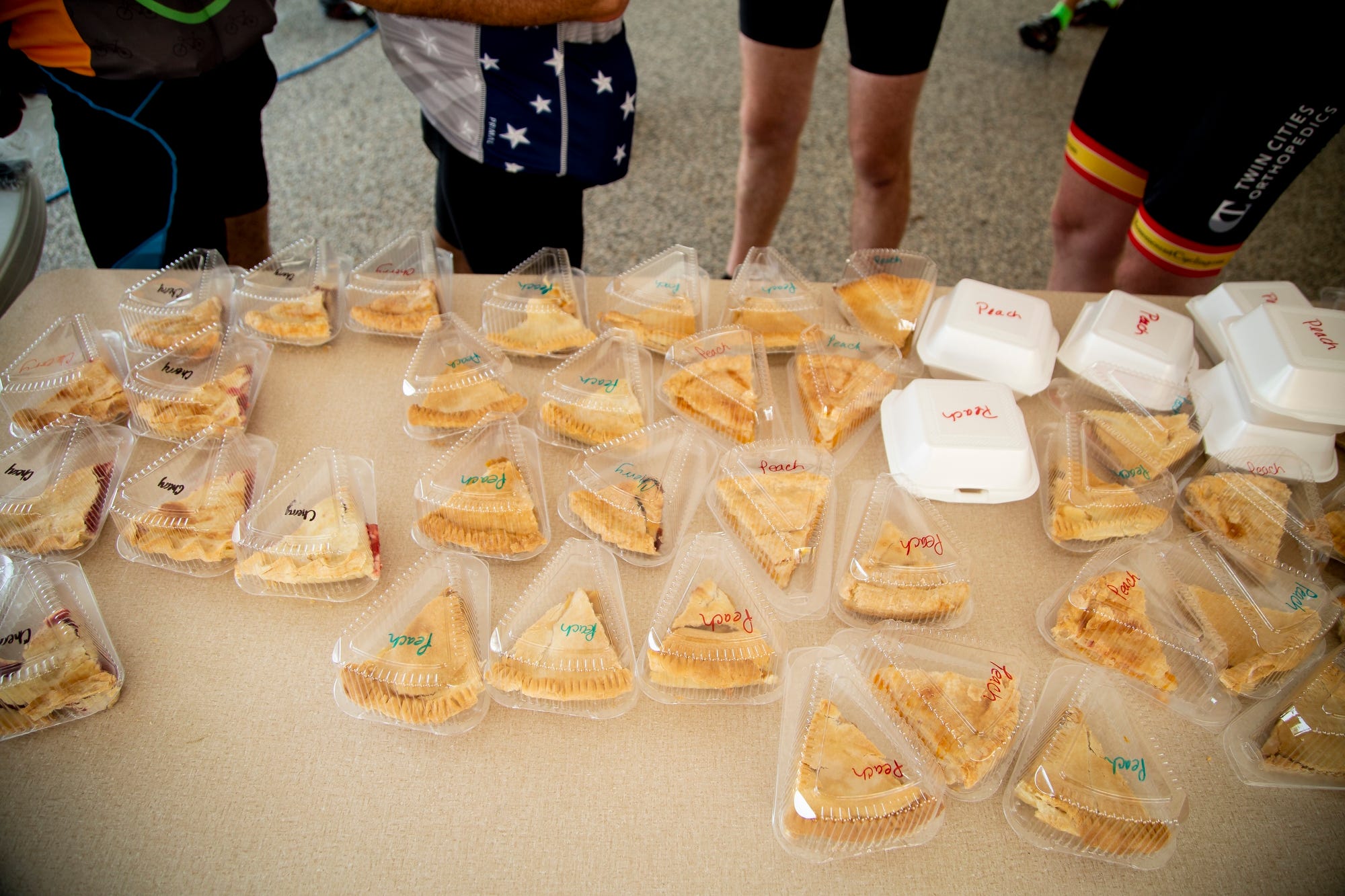 A table full of homemade pies from a RAGBRAI pie stop